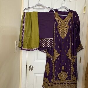 Purple and Gold Embroidered Dress with Green dupatta